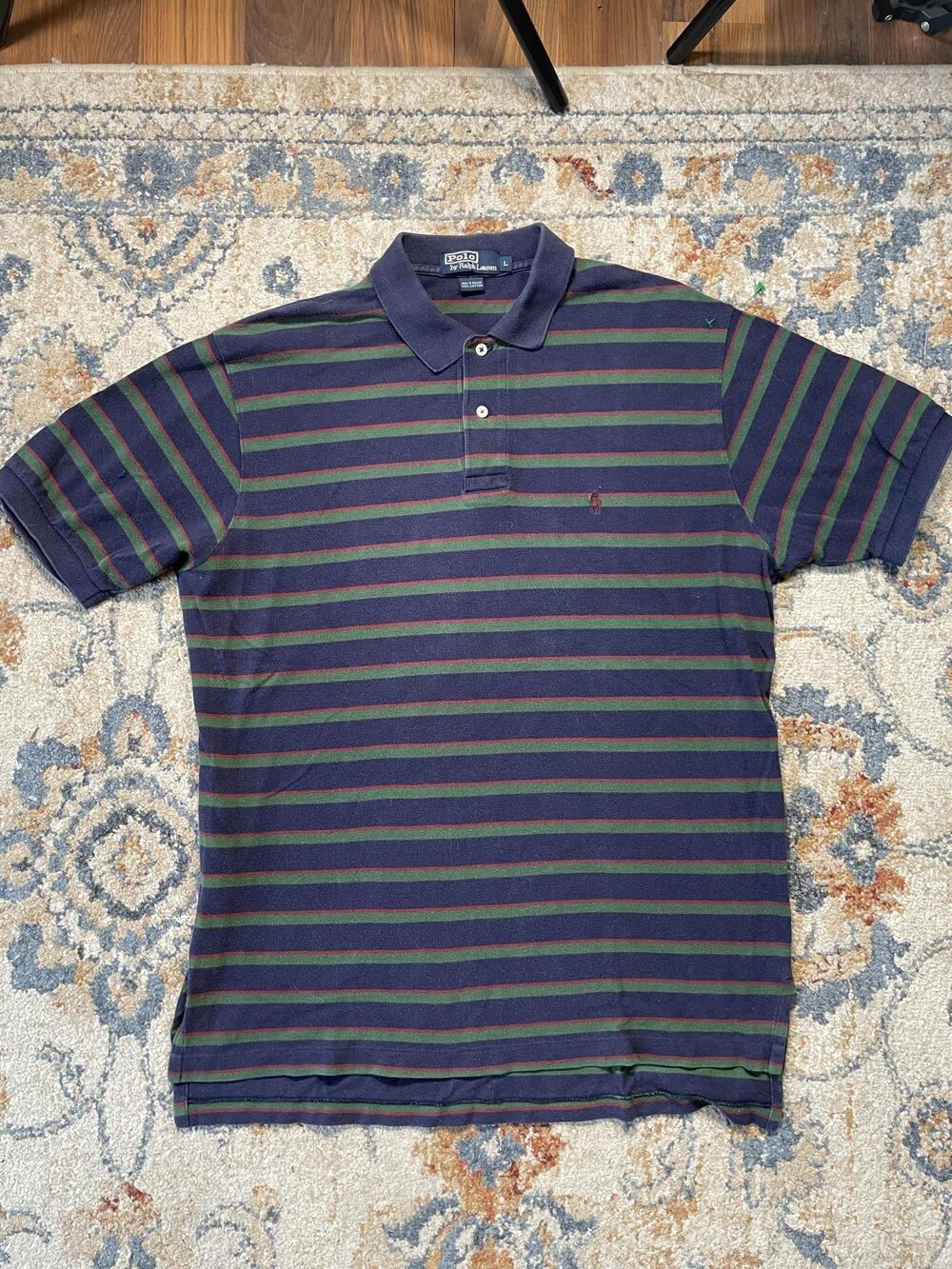 Polo By Ralph Lauren Polo Shirt Mens L Blue Green Stripe Pony Logo Short Sleeve